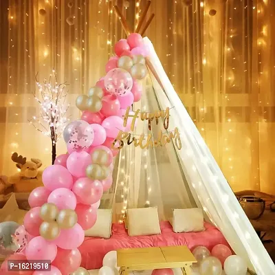 Net Latex Cardstock Decoration Items For Birthday 35Pcs Combo With White Net Led Fairy Lights And Pink Golden Balloons Background Decoration Items Cabana Tent Decoration