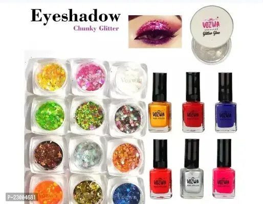 Vozwa 12 Color Multicolor Eyeshadow Chunky Glitter Thick  Thin and  Non Stick Glitter Fix and  Multicolor Nail Paint