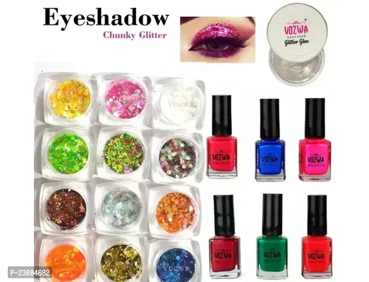 Vozwa 12 Color Multicolor Eyeshadow Chunky Glitter Thick  Thin and  Non Stick Glitter Fix and  Multicolor Nail Paint