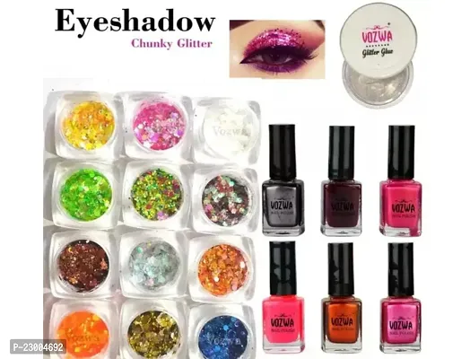 Vozwa 12 Color Multicolor Eyeshadow Chunky Glitter Thick  Thin and  Non Stick Glitter Fix and  Multicolor Nail Paint