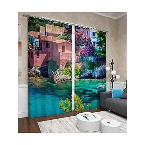 A4S 3D Water House Printed Polyester Fabric Curtains for Bed Room Kids Room Living Room Color Pink Window/Door/Long Door (D.N. 215)