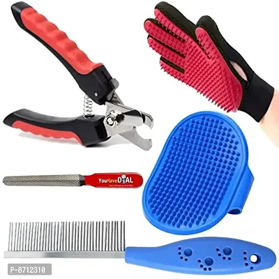 Dog Grooming Kit - Dog Nail Cutter with Filer + Pet Bath Brush Grooming Comb with Adjustable Ring + Pet Single Steel Comb + Pet Grooming Glove for Dog, Puppy, Cat and Kitten - 4 in 1 Dog Combo