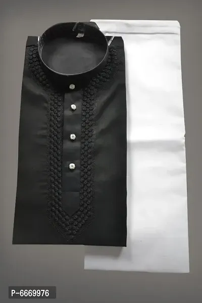 Stylish Black Cotton Embroidered Kurta with Pajamas Set For Men