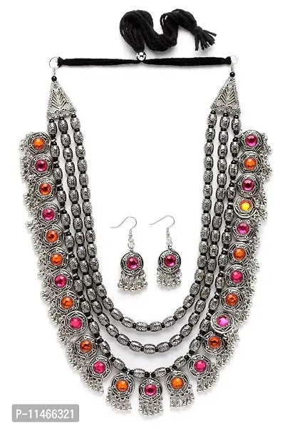 Latest Stylish Fancy Oxidised Silver Tribal Necklace Jewellery Set for Women(10004s),Multicolour,-thumb0