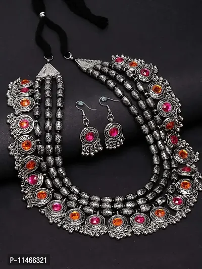 Latest Stylish Fancy Oxidised Silver Tribal Necklace Jewellery Set for Women(10004s),Multicolour,-thumb3