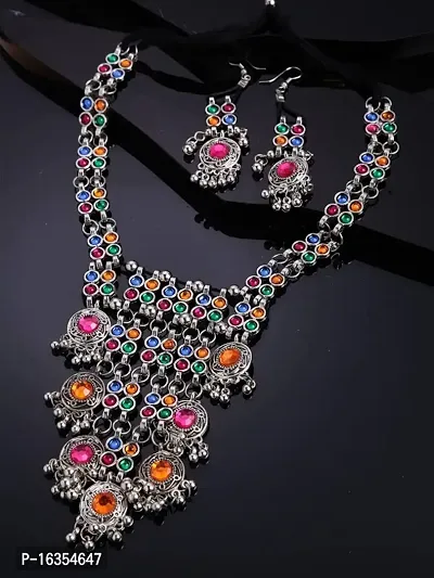 Latest Stylish Fancy Oxidised Silver Tribal Necklace Jewellery Set for Women(10004s),Multicolour,-thumb0