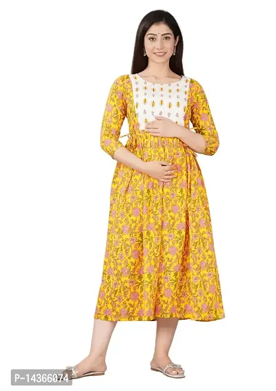 Murli Kurti Women's Cotton Maternity Dress, Easy Breast Feeding Dress Zippers for Nursing Pre and Post Pregnancy (Large, Yellow)