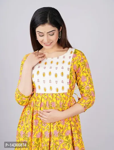 Murli Kurti Women's Cotton Maternity Dress, Easy Breast Feeding Dress Zippers for Nursing Pre and Post Pregnancy (Large, Yellow)-thumb5