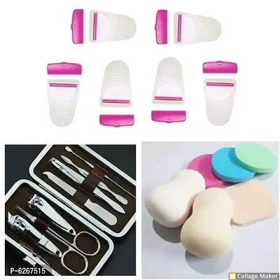 combo of 6 pc Disposable Razor Blade for Women and 7 Pcs of manicure tools and makeup sponge 6 in1 pack of 1 each