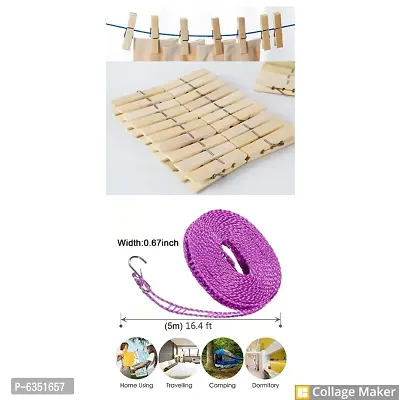 combo of 5 Meters Windproof Anti-Slip Clothes Washing Line and Natural Wooden Pegs, Clips PACK OF 20-thumb0