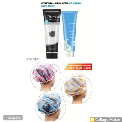 COMBO OF FACE PACK OF CHARCOAL mask  WITH  ICE CREAM FACE GEL MASK and 3 pc Bathing Hair Shower Cap