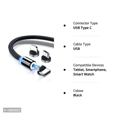 Magnetic Super Fast Charging Cable, 360 Digree 3 in 1 Jack, LED Indicator Light Cable Compatible with All Type-C Smartphone, Android and iOS Smartphone's.(Black) pack of 1-thumb3