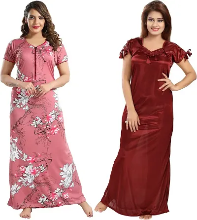 Buy 1 Get 1 Satin Nighty/Night Gown Combo 2 for Women