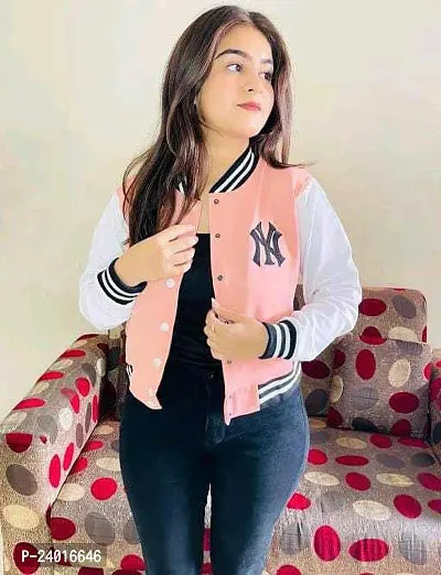 Comfortable Pink Fleece Baseball Jacket For Women-thumb0