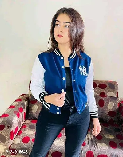 Comfortable Navy Blue Fleece Baseball Jacket For Women-thumb0