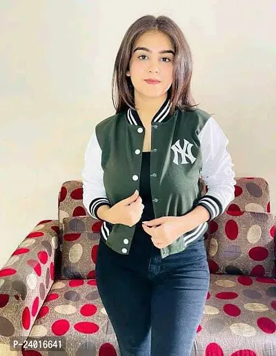 Comfortable Green Fleece Baseball Jacket For Women
