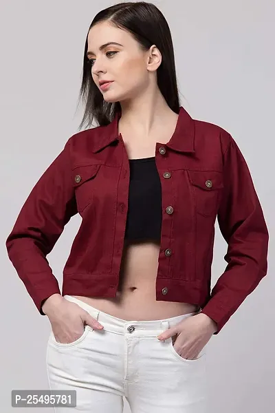 Women Solid Relaxed fit Denim Jacket Maroon-thumb0