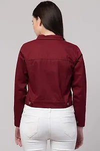 Women Solid Relaxed fit Denim Jacket Maroon-thumb3