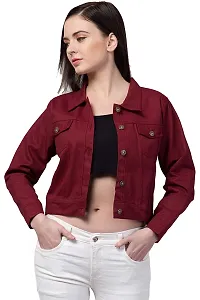 Women Solid Relaxed fit Denim Jacket Maroon-thumb2