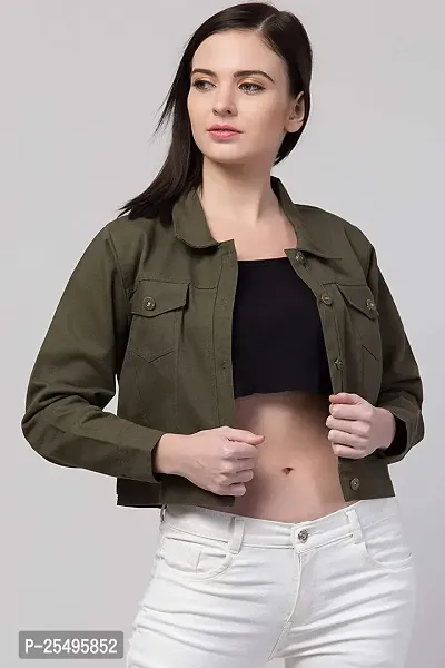 Women Solid Relaxed fit Denim Jacket Olive Green-thumb0