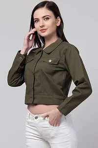 Women Solid Relaxed fit Denim Jacket Olive Green-thumb3