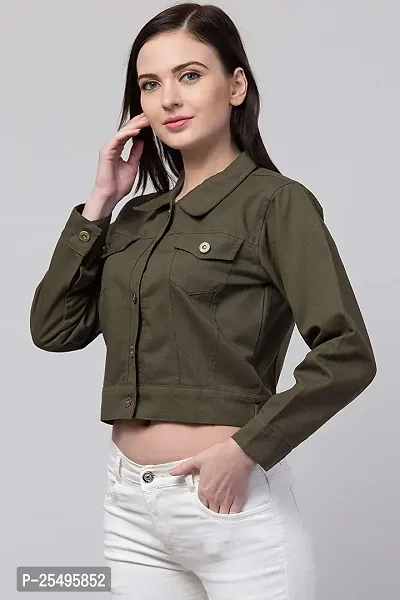 Women Solid Relaxed fit Denim Jacket Olive Green-thumb4