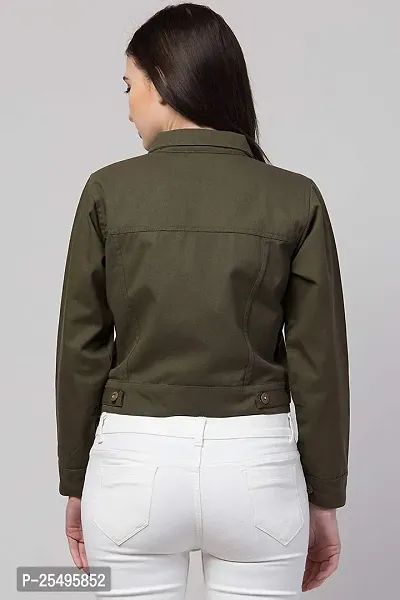 Women Solid Relaxed fit Denim Jacket Olive Green-thumb3