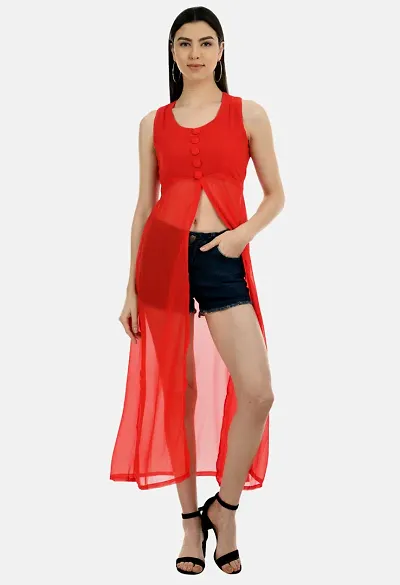 ShivaArts Women's A-line Knee-Long, High Neck Georgette Dress - Red