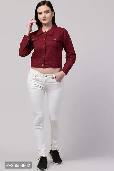 Trendy  Stylish Women Casual Denim Jacket Full Sleeve - Maroon-thumb4