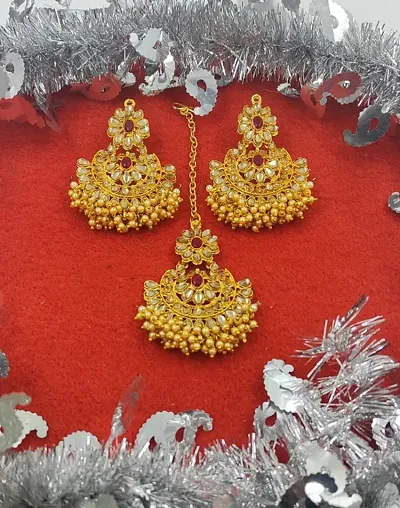 Golden Alloy Earrings with Maangtikka Set