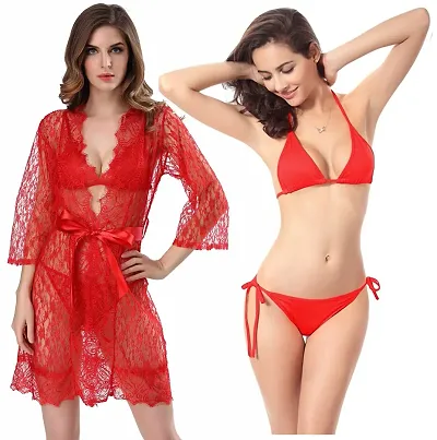 IYARA COLLECTION Women Babydoll Red Lace Robe and Satin Lingerie Bikini (Bra-Panty) Set for Honeymoon and Wedding Night