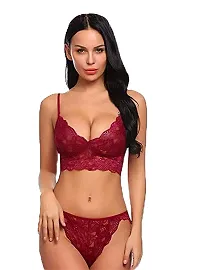 IYARA COLLECTION Babydoll Lace Robe and Lace Lingerie Bikini (Bra-Panty) Set for Women  Girls - Honeymoon and Wedding Night Black-Maroon-thumb3