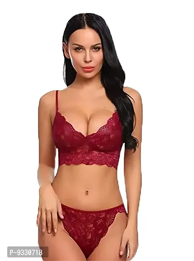 IYARA COLLECTION Babydoll Lace Robe and Lace Lingerie Bikini (Bra-Panty) Set for Women  Girls - Honeymoon and Wedding Night Black-Maroon-thumb4