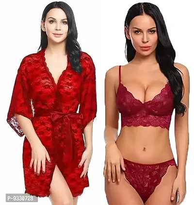 IYARA COLLECTION Babydoll Lace Robe and Lace Lingerie Bikini (Bra-Panty) Set for Women  Girls - Honeymoon and Wedding Night Red-Maroon