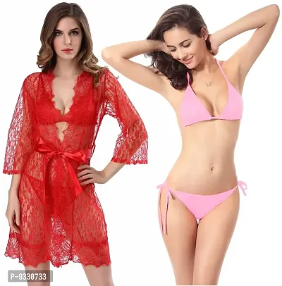 IYARA COLLECTION Women Babydoll Red Lace Robe and Satin Lingerie Bikini (Bra-Panty) Set for Honeymoon and Wedding Night