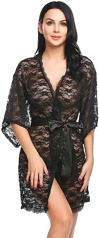 IYARA COLLECTION Babydoll Lace Robe and Lace Lingerie Bikini (Bra-Panty) Set for Women  Girls - Honeymoon and Wedding Night Black-Maroon-thumb2