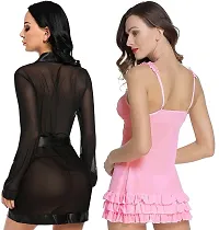 IYARA COLLECTION Sexy Nightdress for Women and Girls | Babydoll Nighty with G-String Panty and Net Robe| Honeymoon and Wedding Nightdress| Bridal Nightwear| Black-Pink-thumb1