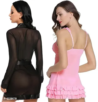 IYARA COLLECTION Sexy Nightdress for Women and Girls | Babydoll Nighty with G-String Panty and Net Robe| Honeymoon and Wedding Nightdress| Bridal Nightwear| Black-Pink-thumb2