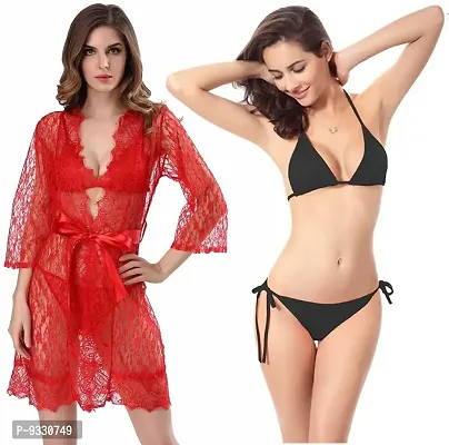 IYARA COLLECTION Women Babydoll Red Lace Robe and Satin Lingerie Bikini (Bra-Panty) Set for Honeymoon and Wedding Night