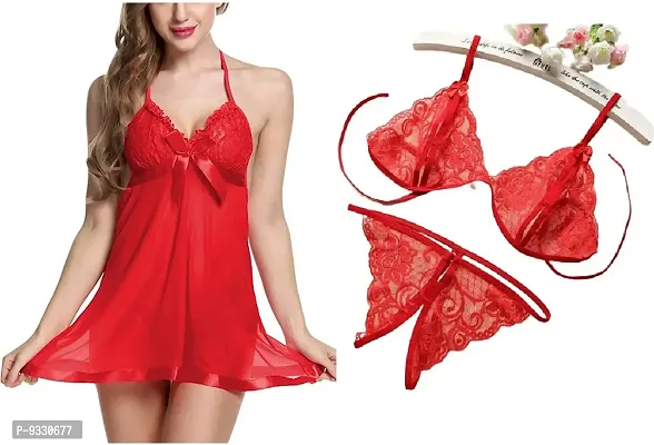 Iyara Collection Net Babydoll Short Nighty with Lace Bikini (Bra-Panty) Set for Women Red-thumb0