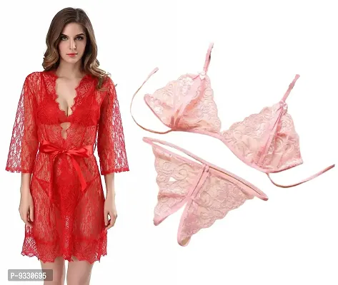 IYARA COLLECTION Women Babydoll Red Lace Robe and Lace Lingerie Bikini (Bra-Panty) Set for Honeymoon and Wedding Night-thumb0