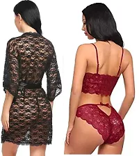 IYARA COLLECTION Babydoll Lace Robe and Lace Lingerie Bikini (Bra-Panty) Set for Women  Girls - Honeymoon and Wedding Night Black-Maroon-thumb1