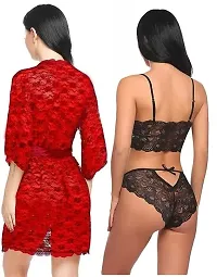 IYARA COLLECTION Babydoll Lace Robe and Lace Lingerie Bikini (Bra-Panty) Set for Women  Girls - Honeymoon and Wedding Night Red-Black-thumb1