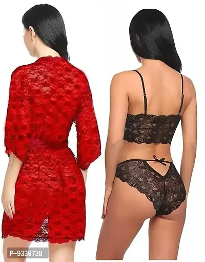 IYARA COLLECTION Babydoll Lace Robe and Lace Lingerie Bikini (Bra-Panty) Set for Women  Girls - Honeymoon and Wedding Night Red-Black-thumb2