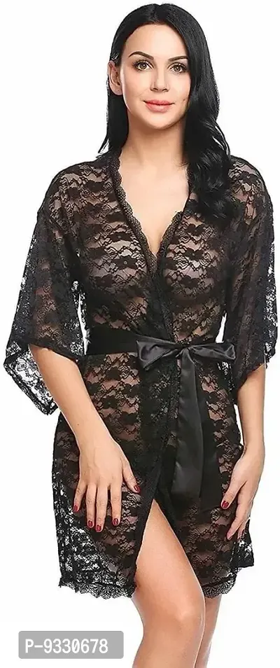 IYARA COLLECTION Sexy Nightdress for Women and Girls | Satin/Lace Top-Botton with Robe| Honeymoon and Wedding Nightdress| Bridal Nightwear| Black-Maroon-thumb2