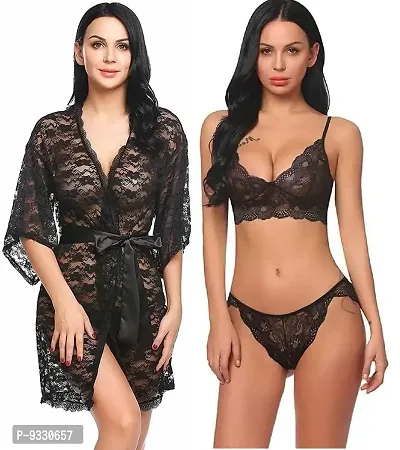 IYARA COLLECTION Babydoll Lace Robe and Lace Lingerie Bikini (Bra-Panty) Set for Women  Girls - Honeymoon and Wedding Night