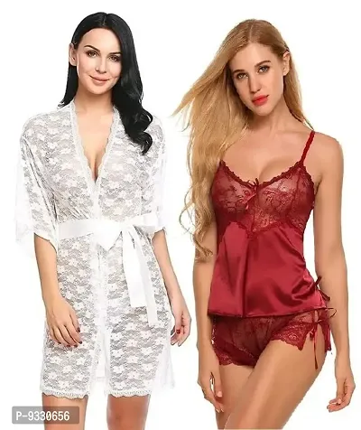 IYARA COLLECTION Sexy Nightdress for Women and Girls | Satin/Lace Top-Botton with Robe| Honeymoon and Wedding Nightdress| Bridal Nightwear| White-Maroon-thumb0