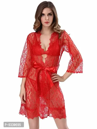 IYARA COLLECTION Women Babydoll Red Lace Robe and Lace Lingerie Bikini (Bra-Panty) Set for Honeymoon and Wedding Night-thumb2