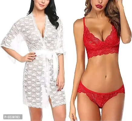 IYARA COLLECTION Babydoll Lace Robe and Lace Lingerie Bikini (Bra-Panty) Set for Women  Girls - Honeymoon and Wedding Night White-Red