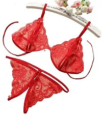 Iyara Collection Net Babydoll Short Nighty with Lace Bikini (Bra-Panty) Set for Women Red-thumb2